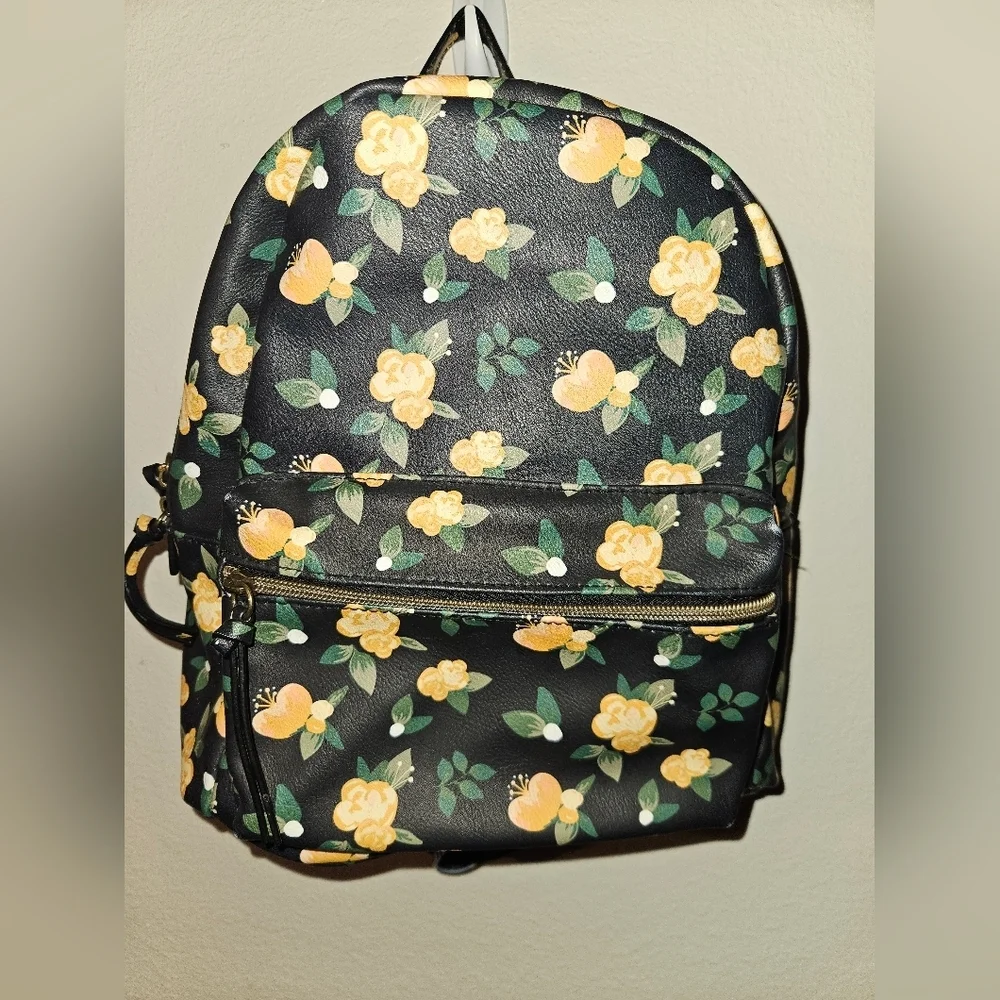 Kohls Purse Mini Backpack Handbag  Black W/ Yellow Flowers
